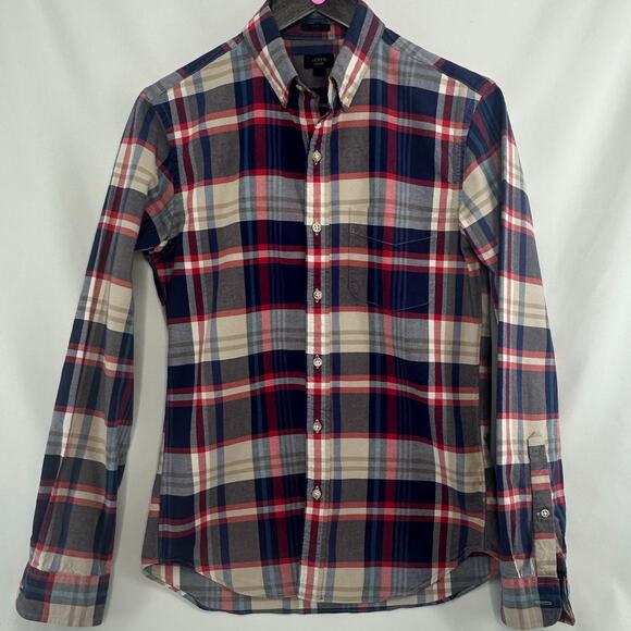 J. Crew Slim Fit Oxford Button Up Shirt Mens Small Blue Red Plaid Preppy Holiday - Picture 1 of 4